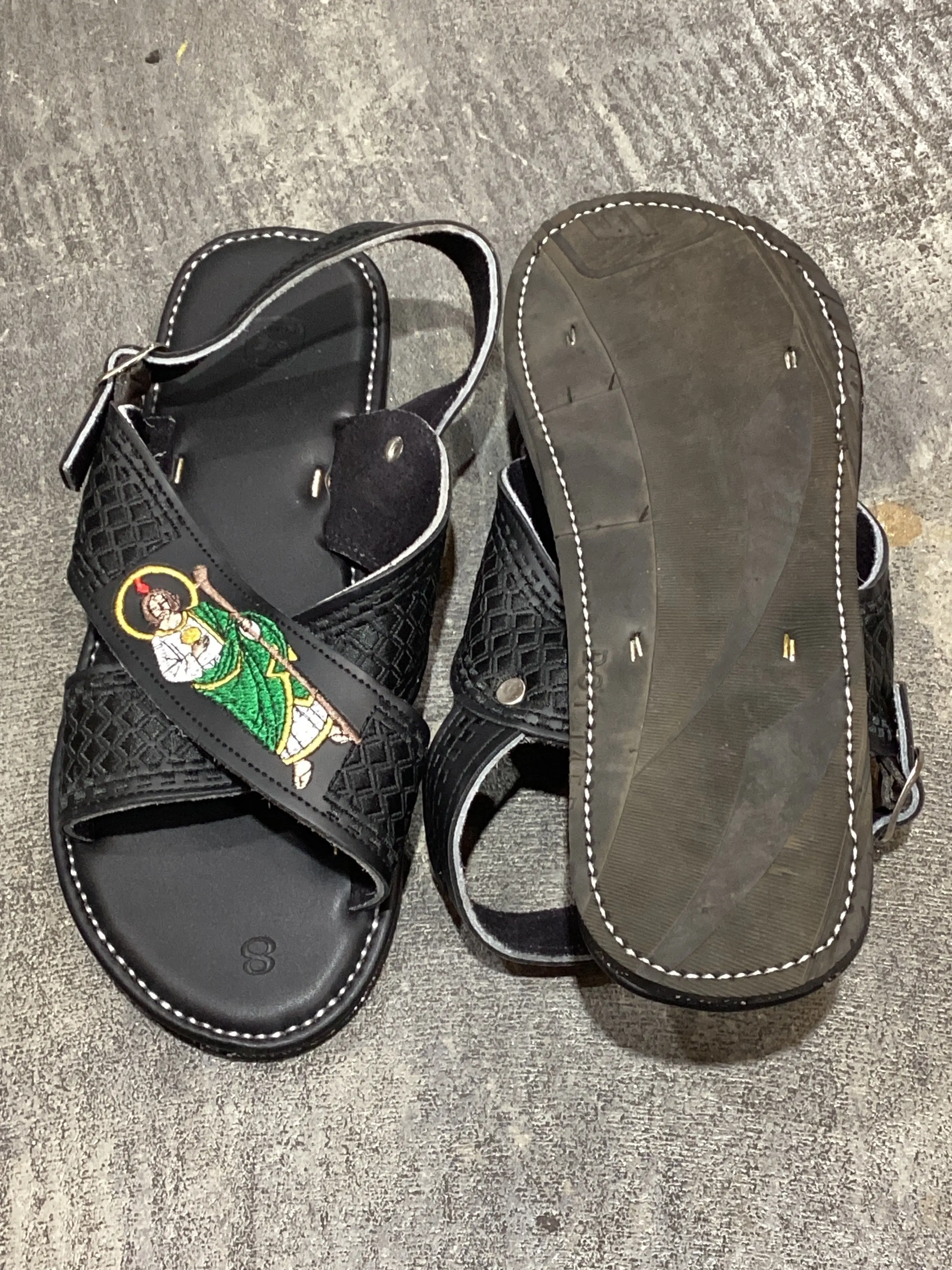 Mexican Huarache Embroidered San Judas Crossed Wide Straps Black