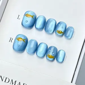 Luxury Nail Freedom! Ice Blue Exquisite Hand-Painted Fish Press On Fake Nails, Get Fresh Summer Nails In 5 Mins, No Salon Needed
