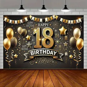 Luxurious 18th Birthday Party Banner, Colorful Gold and Polyester Backdrop with Balloons, Stars, and Festive Font, Perfect for Indoor Use
