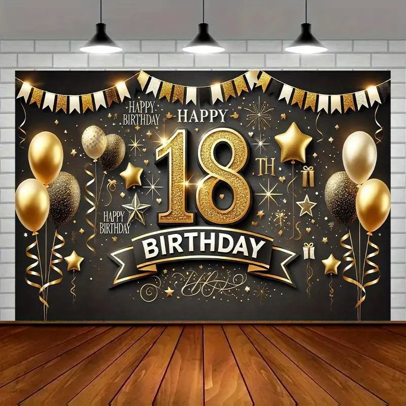 Luxurious 18th Birthday Party Decoration Banner, Colorful Gold and Polyester Backdrop with Balloons, Stars, and Festive Font, Perfect for Indoor Use, Happy Birthday Banner