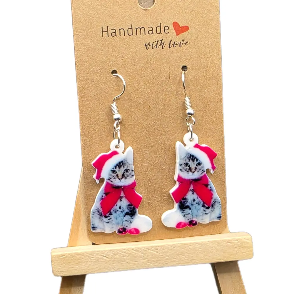 Cute Kitten Motif Christmas Hook Earrings - Animal Party Costume Jewelry, Lightweight Plastic, Durable, Unisex Fashion Accessory, Playful Kittens Design Gift for Cat Lovers