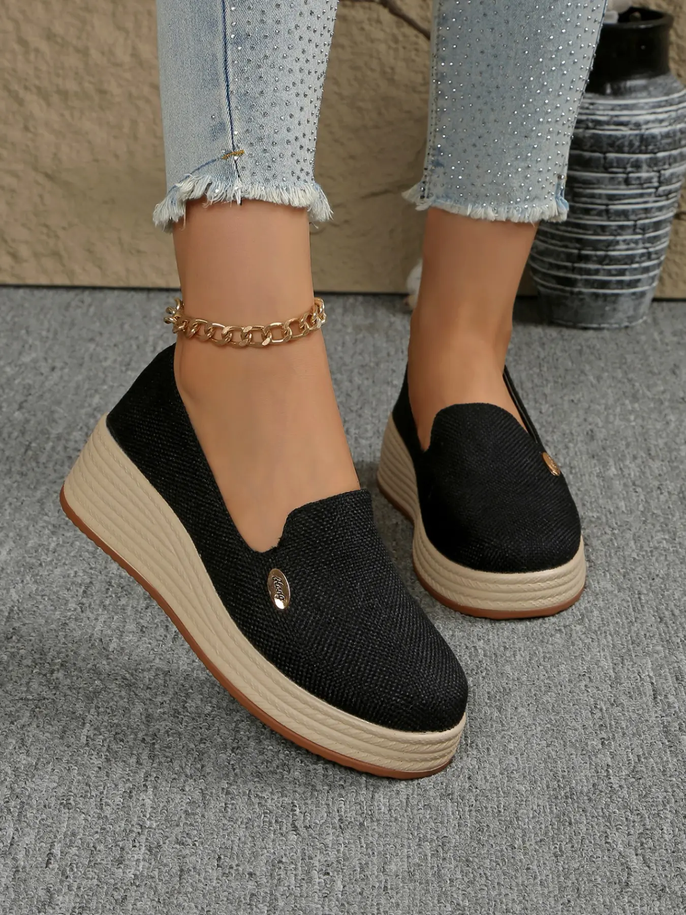 Women's Simple Slip-On Wedge Shoes, Breathable Canvas Material, Comfortable One-Step On, Lazy Outdoor Shoes, Elegant Style, Walking Shoes