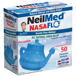 NeilMed NasaFlo Neti Pot Porcelain with 50 Packets for Natural Allergy Relief & Sinus Care - Easy Flow, No Spill Design - Soothing