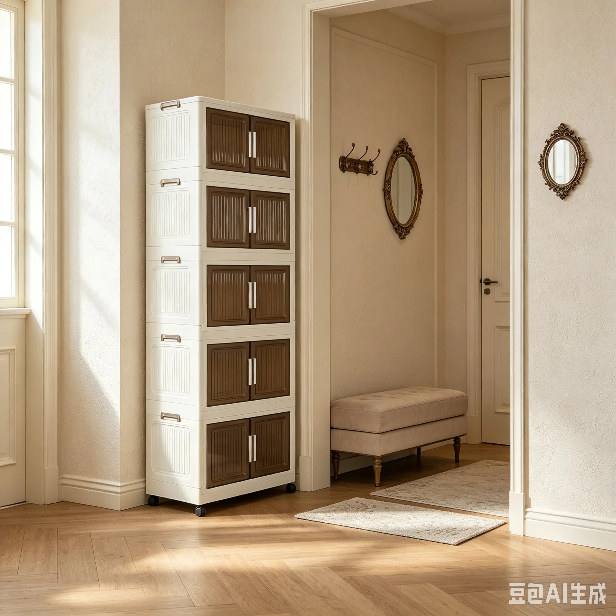 1/5-tier large-capacity foldable, stackable cream white storage cabinet with a transparent door and wheels, suitable for any home space—living room, dining room, bathroom, walk-in closet, garage, entryway, children’s room balcony, and more.