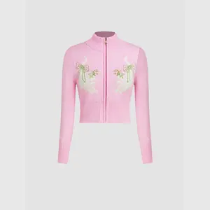 Cider [size 2-10] High Neck Cat & Bowknot Print  Zipper Knitted Crop Top