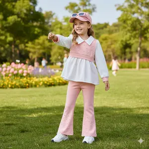 Sweet & Chic 2025 Spring/Autumn Girls' Outfit Bubble Top Lapel Shirt & Flared Pants Perfect for School & Parties Ages 4-7 Machine Washable