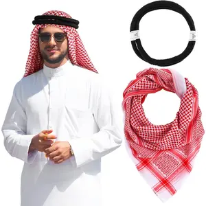 Arab Shemagh Muslim Keffiyeh Head Wrap Scarf, Arabic Tactical Desert Wear Headwear with Aqel Rope, Halloween Costume Accessory for Sports & Outdoor Use