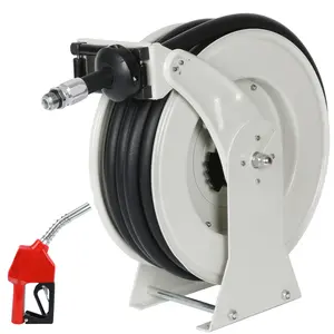BreAro 3/4"x50' Fuel Hose Reel Retractable, Auto Swivel Rewind Hose with Refueling Nozzle, Inlet / Oulet 3/4" NPT Thread Swivel, 300 PSI Heavy Duty Steel Construction Reel
