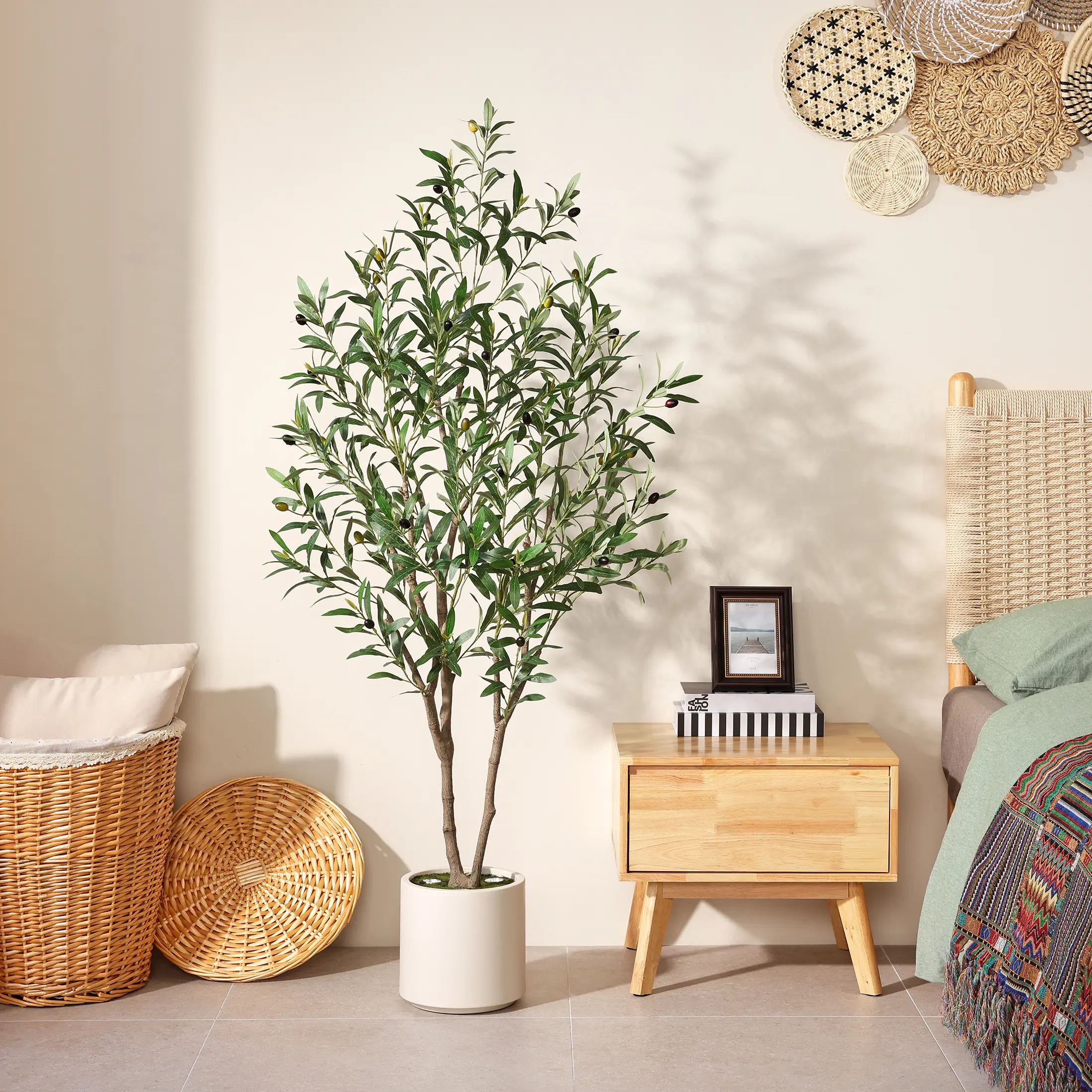 DR.Planzen 5-6FT Silk Artificial Olive Tree with LED Lights, Decorative Lifelike Faux Plant in Ceramic & Wood White Planter, Indoor Home Office Floor Decor Gift