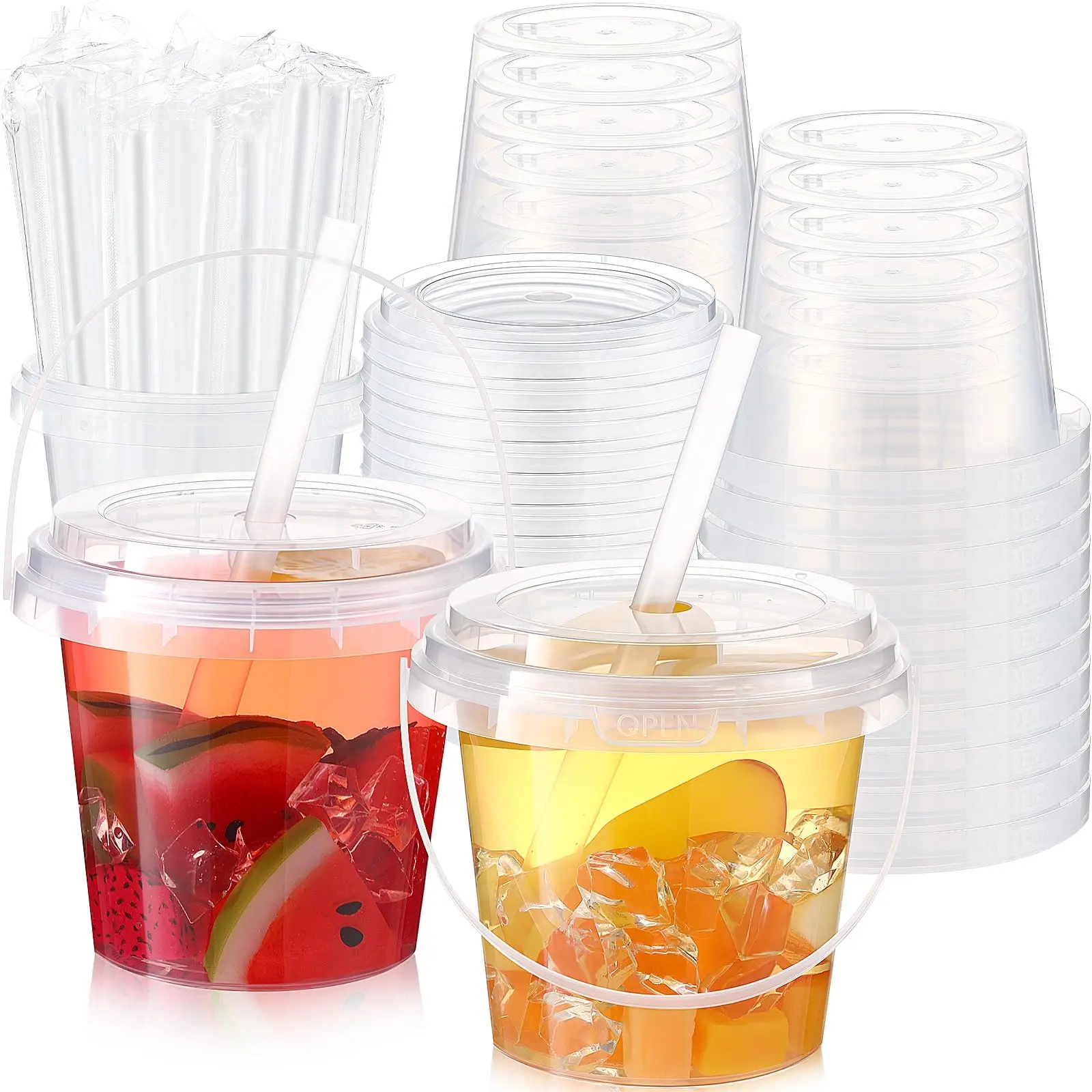 20/25-Pack 24oz Clear Plastic Drink Bucket Cups with Handles, Lids & Straws - Disposable & Reusable for Pool, Beach, Party Supplies (Rum, Iced Coffee, Smoothie Cocktail Use)
