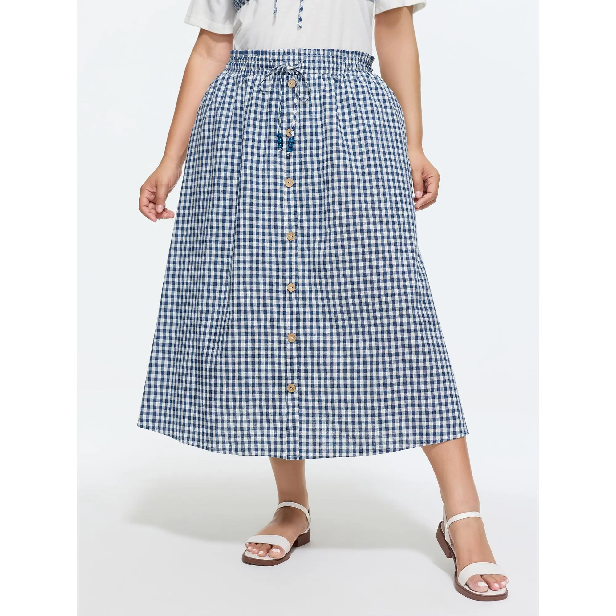 BloomChic Women's Plus Size Plaid Maxi Skirt, Casual 100% Cotton Bottom with a Smocked Lace-Up Waist and Side Pocket,Summerfinds
