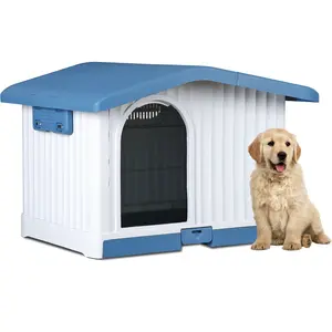 Outdoor Weatherproof Plastic Dog House for Small Pets - Pet Republic Adjustable Top, Ventilated Shelter with Liftable Roof, Blue