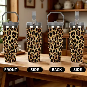 1pc 30oz Stainless Steel Vacuum Insulated Tumbler with Portable Handle, Classic Brown Leopard Print Pattern, Leakproof Flip Straw Lid, Durable Travel Coffee Mug for Work, Gym, Camping & Everyday Use