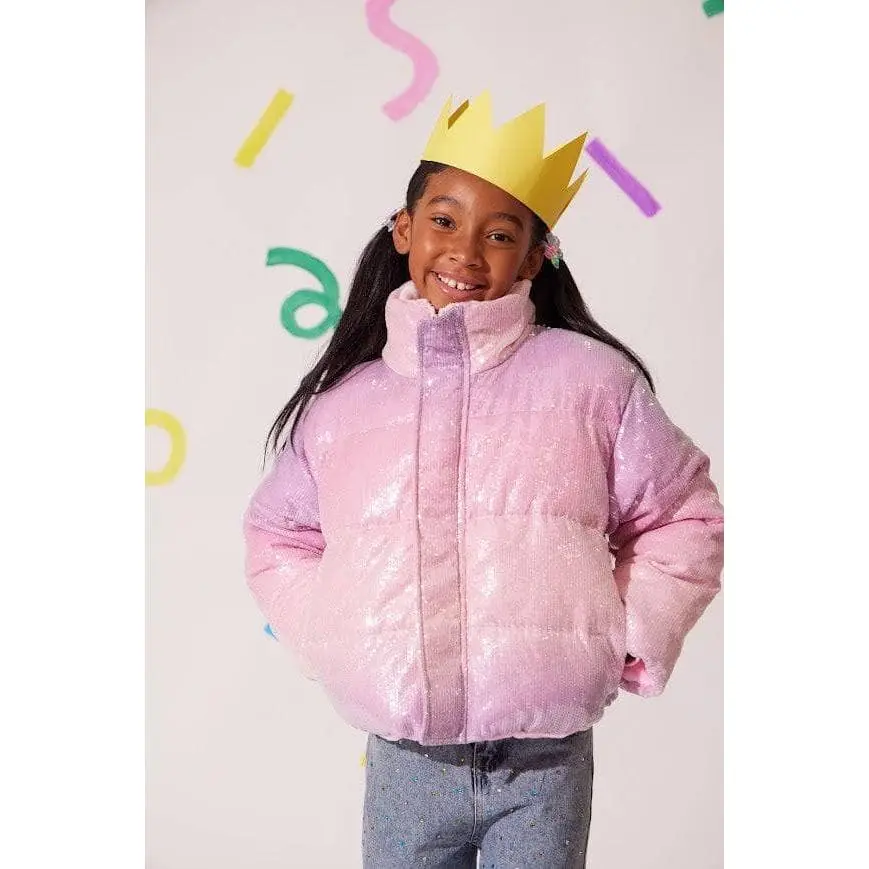 Women's Cotton Candy Shimmer Puffer Jacket - Sequin Accent, Lightweight, Plush Coats for Casual Wear, Tops