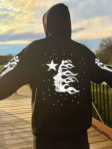 Men's Star & Letter Print Drop Shoulder Hoodie, Fashion Casual Drawstring Pocket Hooded Sweatshirt for Daily Holiday Outdoor Wear, Men Clothes for Fall & Winter, Graphic Print Hoodie