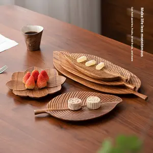 Creative Leaf Design Solid Walnut Wood Rectangle Fruit Plate Wooden Tray for Serving Bread Snacks Party Table Decor Charger Brown Rustic