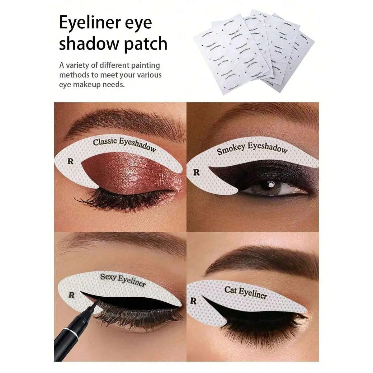 Eye Makeup Sticker Templates Multi-Pack - Multicolor, 4 Sheets 32 Stickers, 4 Designs (Western-Style Eyeliner, Eyebrow Shape Tool), Easy-Application Beauty Accessory for Adults' Eye Makeup Needs