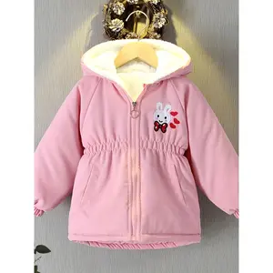 Girls' Pink Hooded Jacket with Heart & Bunny Design - Cozy Fleece-Lined Winter Coat, Long Sleeve Zip-Up with Pockets, Casual Style for Fall/Winter, Thick, Winter Jacket For Girls, Winter Clothes For Girls