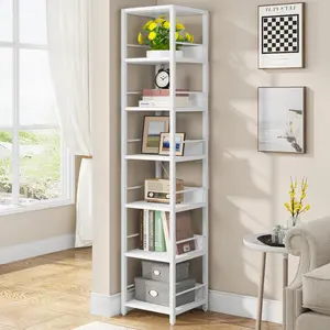 LITTLE TREE 6-Tier Corner Shelf, 75 Inch Tall Narrow Bookshelf Storage Rack, Etagere Shelves Display Stand for Small Spaces, Rustic Open Bookcase Square Shelf Tower for Living Room Bathroom