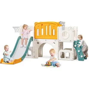 8 in 1 Toddler Slide,Kids Climber Slide with Storage Space and Non-Slip Steps,Indoor Outdoor Playset with Basketball Hoopa and Telescope,Slide for Toddlers Age 1-8 (White+Blue)