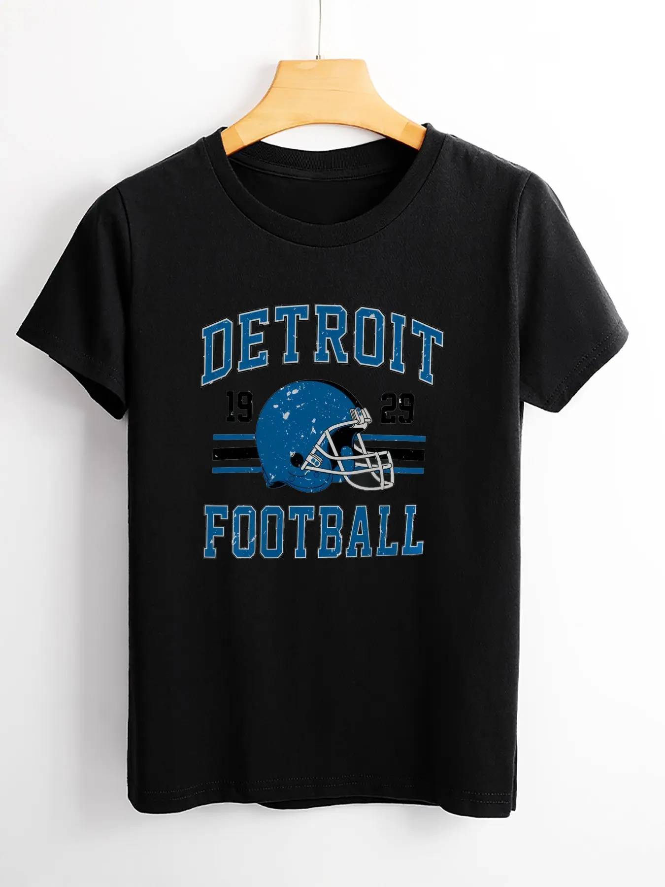 1pc Women's Casual "Detroit Football 1929" Graphic Tee - Soft, Round Neck, Short Sleeve, Black with Blue Print & Striped Design - Perfect for All Seasons, Machine Washable, Ideal Gift for Sports Fans!, Allseason Tshirt | Striped Fashion Tee