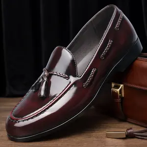 Men's Burgundy Croc-Embossed Tassel Loafers, Formal Slip-On Leather Shoes82689