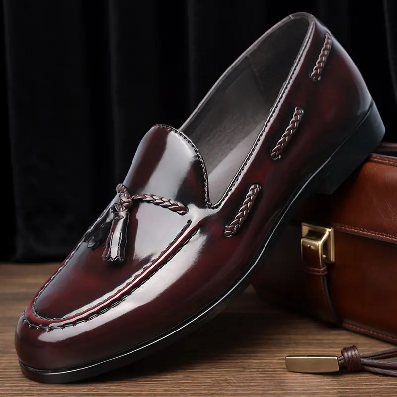Men's Burgundy Croc-Embossed Tassel Loafers, Formal Slip-On Leather Shoes82689