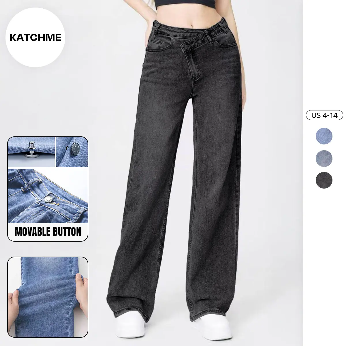 KatchMe Women's Street High Waist Multi-Pocket Baggy Wide Leg Jeans (2), Casual Streetwear Outfits, Asymmetric Waist Durable Denim Trousers, Wrinkle-Resistant Relaxed Fit Soft Pants