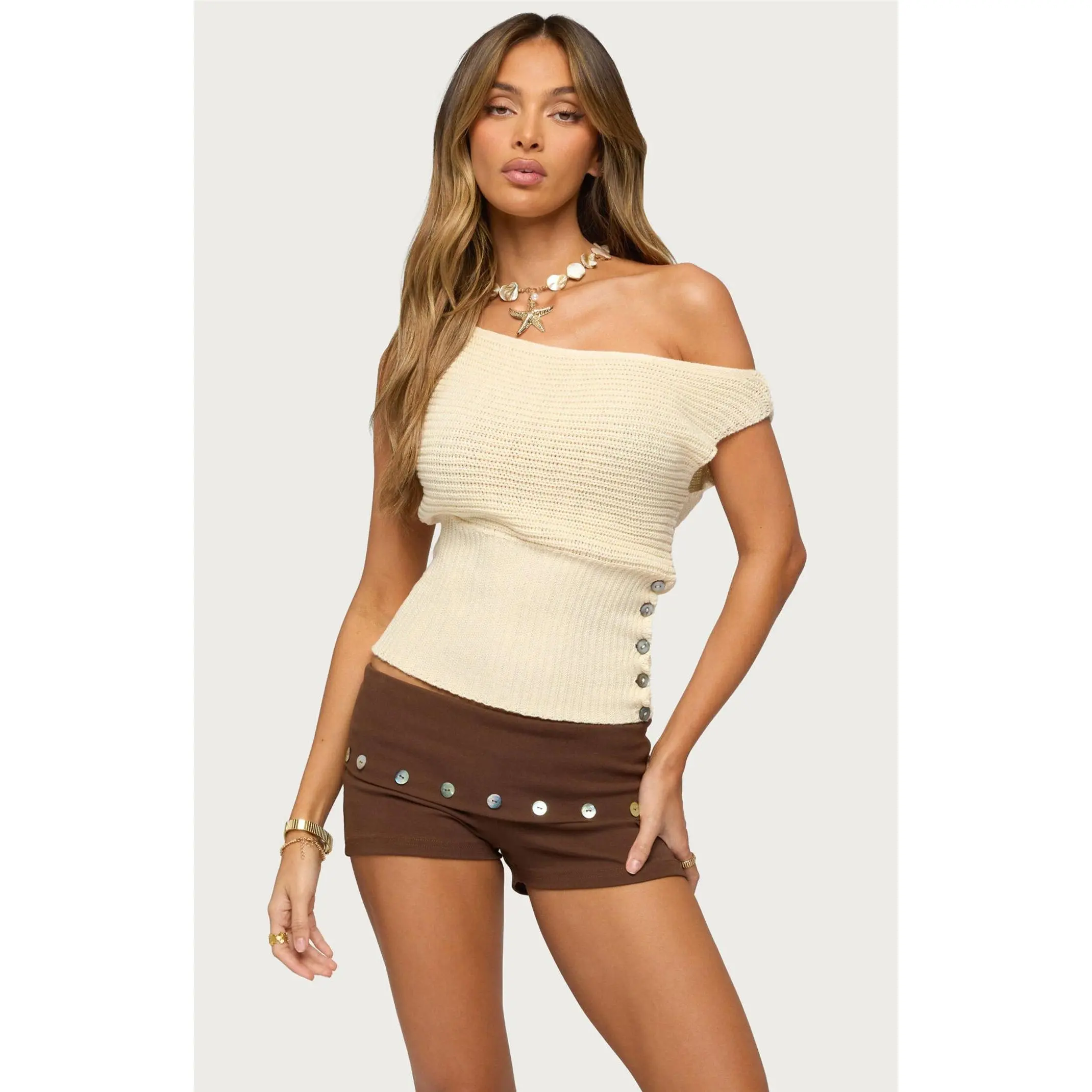 Edikted Women's Buttoned Off Shoulder Crochet Top