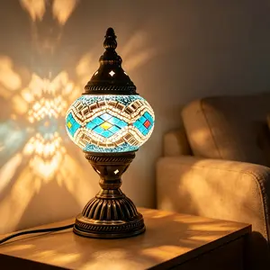 Turkish mosaic glass table lamp, retro Bohemian style night light atmosphere lamp, handcrafted colored glass lampshade decorative lamp, USB power supply interface, suitable for bedrooms, living rooms, office desks, ideal gift for festivals