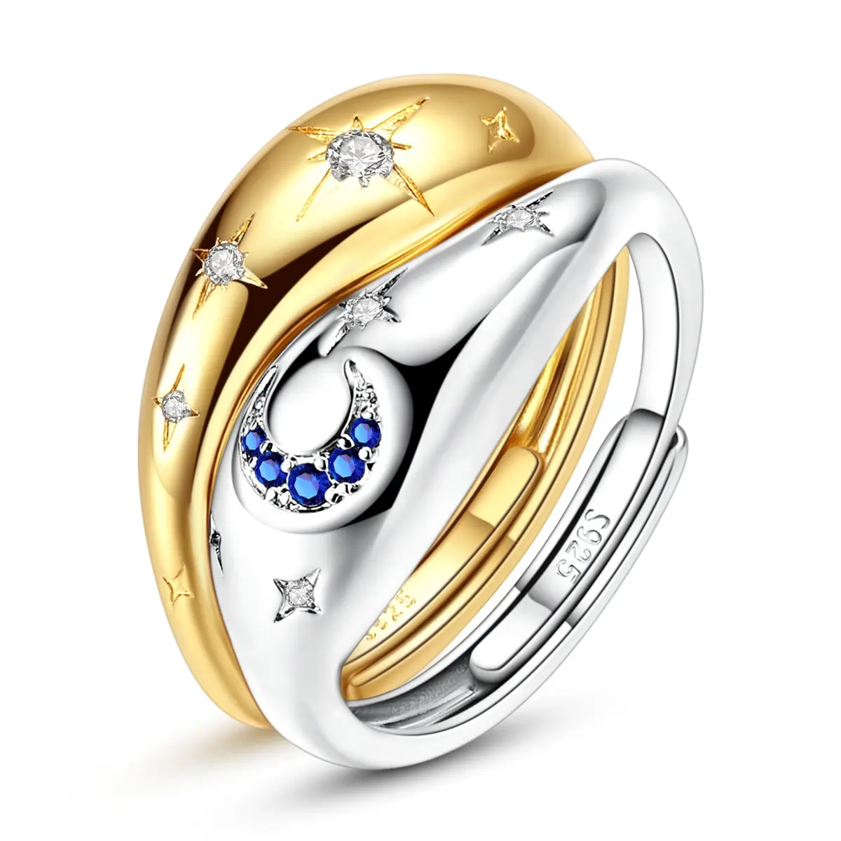 NARMO Sun and Moon Matching Ring Set, 2 PCs, 925 Sterling Silver, Two-Tone 14K Gold Plated, Celestial Star & Crescent Moon Wavy Dome Rings, Adjustable Interlocking Promise Jewelry, Gifts for Best Friends & Couples