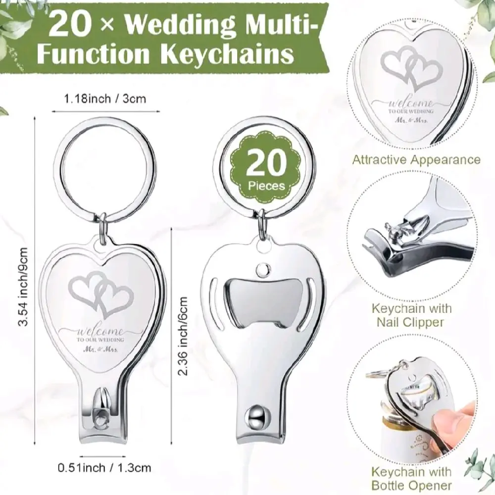 32-Piece Wedding Heart Keychain Set with Bottle Opener, Nail Clipper, Thank You Cards, and Gift Bags