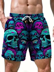 Men's Vibrant Skull Print Drawstring Shorts, Fitted Shorts, Casual Sports, Quick-Dry Polyester, Perfect for Summer Beach and Pool Fun