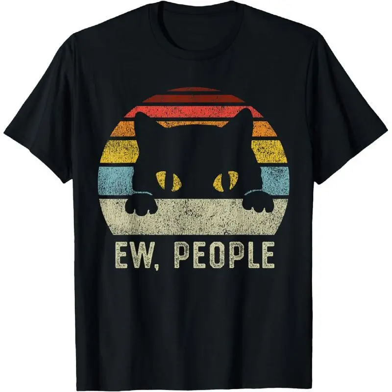 100% Cotton Ew People Retro Cat Funny Vintage Anti Social Introvert T-Shirt classic  rock  tee moon  rocks