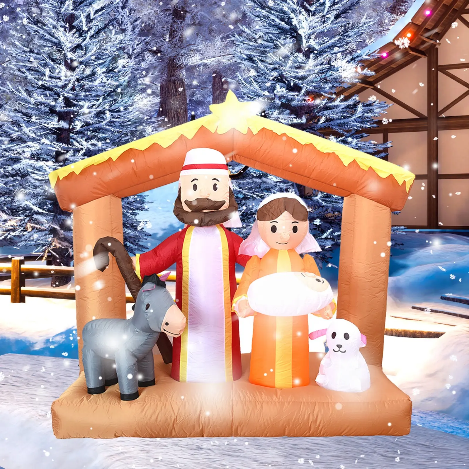 6FT Christmas Inflatables Nativity Scene Outdoor Decoration with LED Light, Christmas Blow Up Yard Decoration Large Nativity Sets for Garden Lawn Patio Xmas Holiday Indoor Party Decor