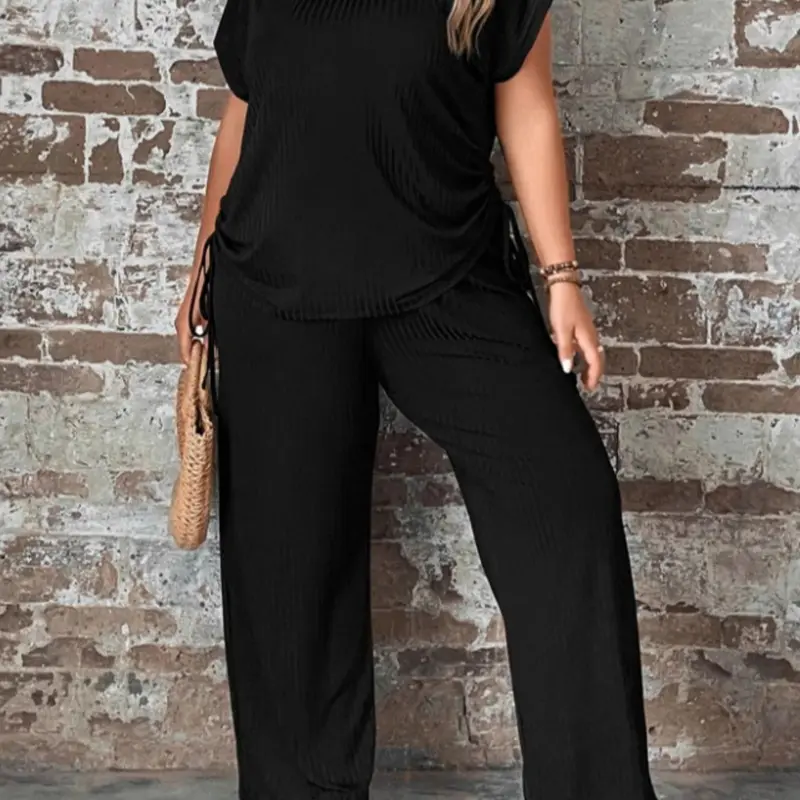 [Plus Size] Women's Plain Basic Minimalist Medium Fitted Two-Piece Set, Casual Drawstring Batwing Tee & Wide Leg Pants, Women's Plus Outfits for Summer, Summer Outfits 2024, Womenswear, Clothes, Top Pants Set