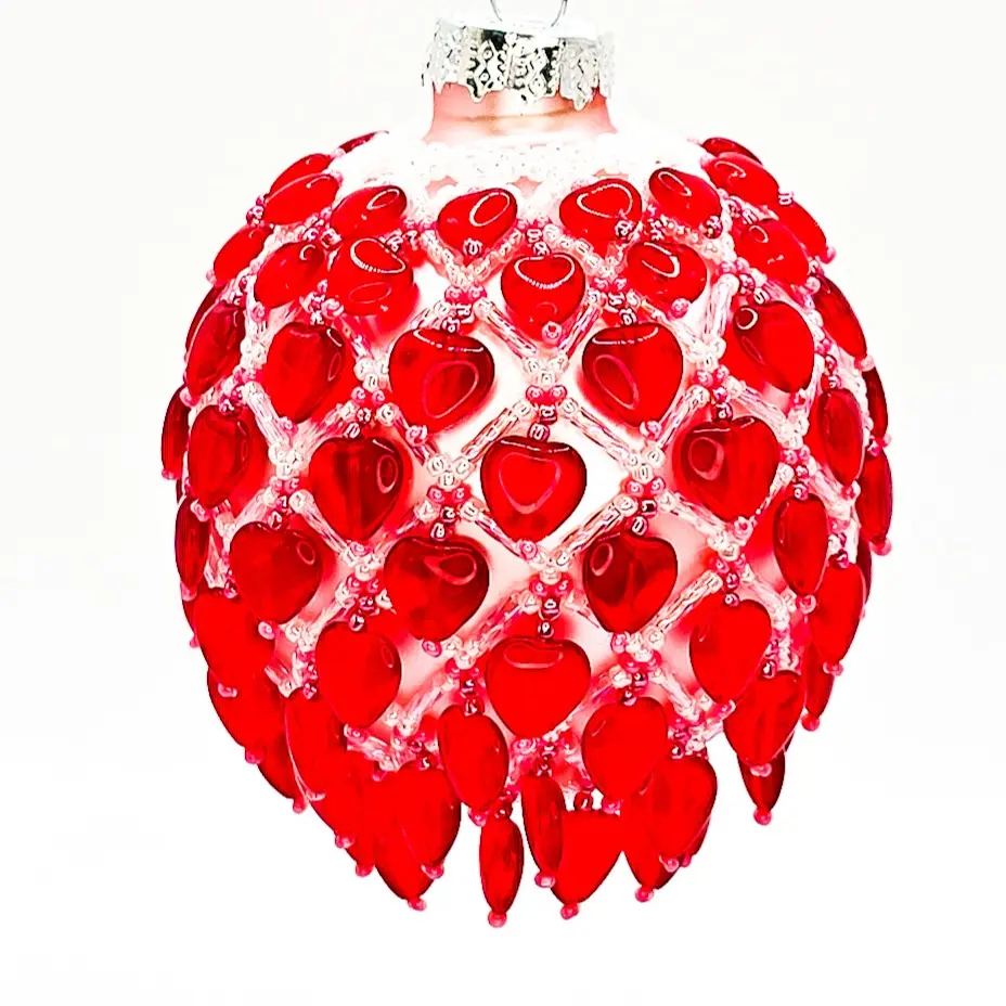Red Hearted Ball 000: Handmade Beaded Glass Ornament with Pink Red Rainbow Bugle Seed Beads with Box for Storage