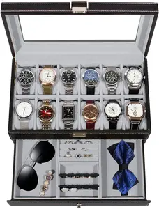Watch Box, 12 Slot Watch Case for Men with Real Glass Lid, 2 Layer Watch Display Case, PU Leather Watch and Jewelry Box for Men and Women, Black with Grey