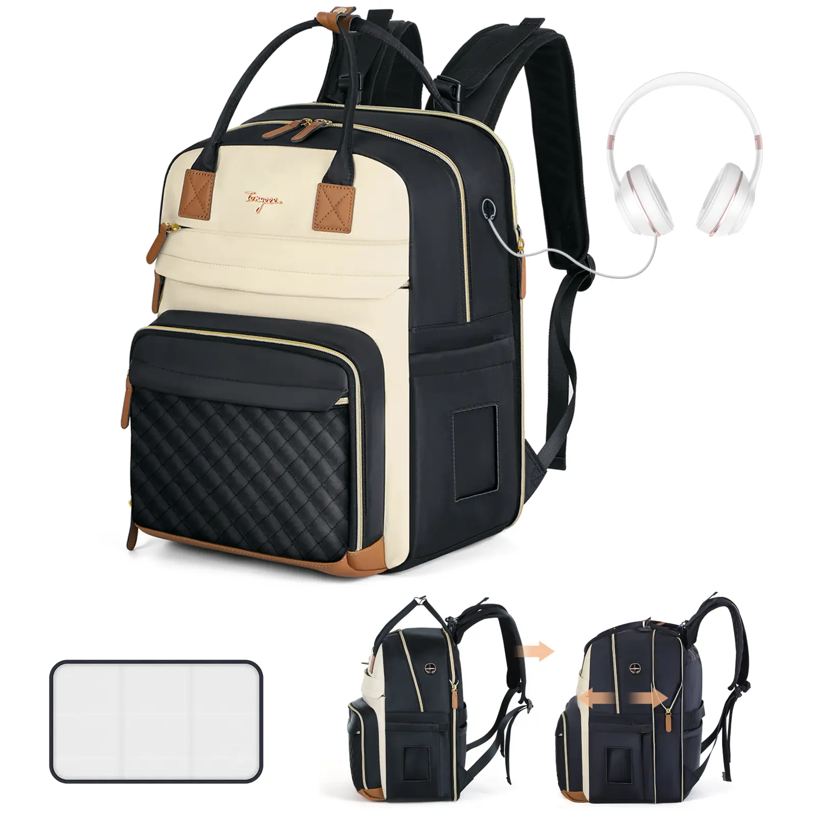 TONYEEE Unisex Multifunctional Extra Large Diaper Backpack for 2 Kids - 25-37L Expandable Travel Diaper Tote with Compartments, Changing Pad, Earphone Hole, Anti-Theft Feature, Apricot Black On-the-Go Baby Travel Gear Gift, Multifunctional Diaper Bag