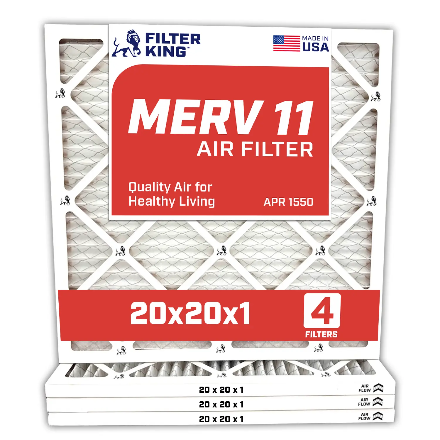 Filter King 20x20x1 Air Filter | 4-PACK | MERV 11 HVAC Pleated A/C Furnace Filters | MADE IN USA | Actual Size: 19.5 x 19.5 x .75"