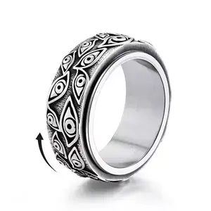 Men's Spinner Ring, Vintage Stainless Steel Rotatable Band with Eye of God, Hypoallergenic Fidget Jewelry for Stress Relief, Hypoallergenic Ring, Rotatable Ring