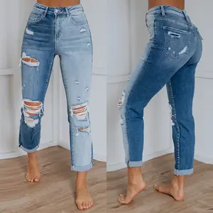 Women's High-Waisted Ripped Color Block Gradient Washed Straight-Leg Cuffed Denim Jeans 2026 Viral Trend Plus Size Casual Streetwear Pants Spring EverydayTikTokMadeMeBuyIt