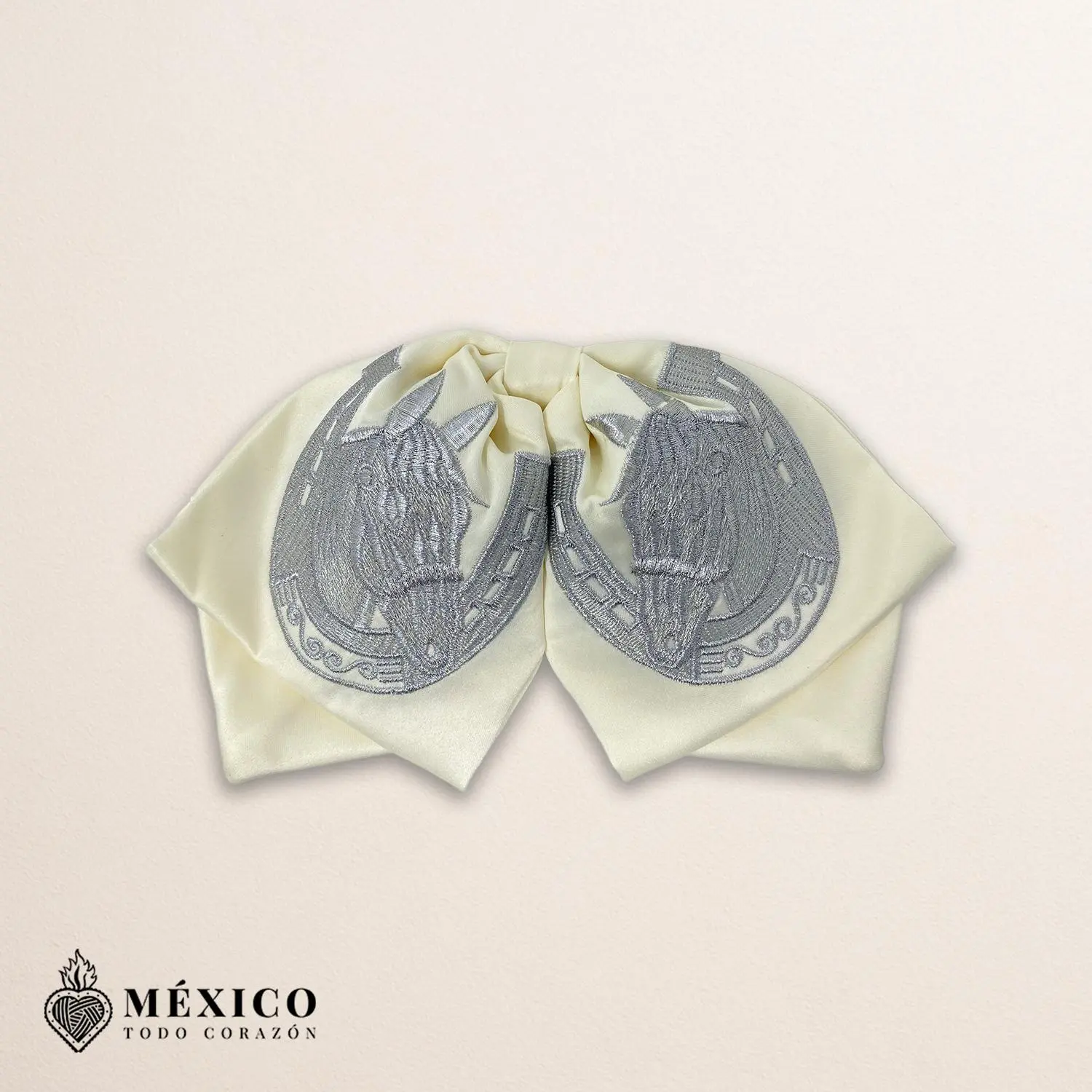 Beige Mexican Charro Bowtie with Silver Horse Embroidery - Traditional Mariachi Accessory for Fiestas, Cultural Events | México Todo Corazón