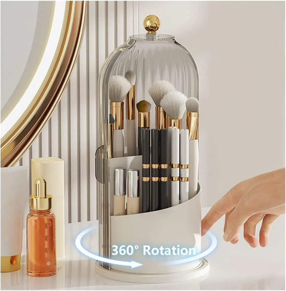 Makeup Brush Holder with Lid 360 Rotating Clear Dustproof Make Up Organizers for Vanity Bathroom Countertop, Transparent | with Lid