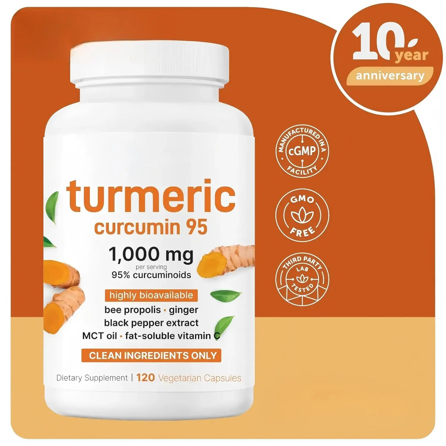 Turmeric Curcumin 95 1000 mg 95% Curcuminoids Highly Bioavailable with Bee Propolis Ginger Black Pepper Extract MCT Oil Fat Soluble Vitamin C 120 Vegetarian Capsules