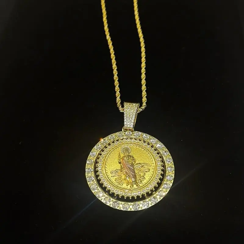 Elegant Gold-Plated Pink Tone Saint Jude Rhinestone Roulette Pendant Necklace - 24-in Rope Chain, Metal Coating, Comfortable Fit Chain Jewelry Necklaces for Festive Wear, Rope Chains
