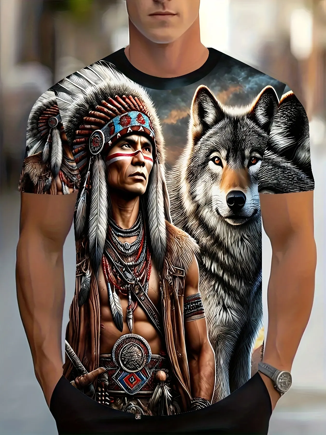 Men's Short Sleeve Long T-Shirt with Black Background, Indian Chief and Wolf Print, Retro Wild Casual Style Streetwear, Menswear, Clothes