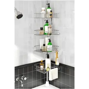 Rustproof Shower Corner and Shower Organizer Corner for,Corner Shower Tension Pole with 4 Baskets for Shower Accessories, 34 to 116 Inch, Silver