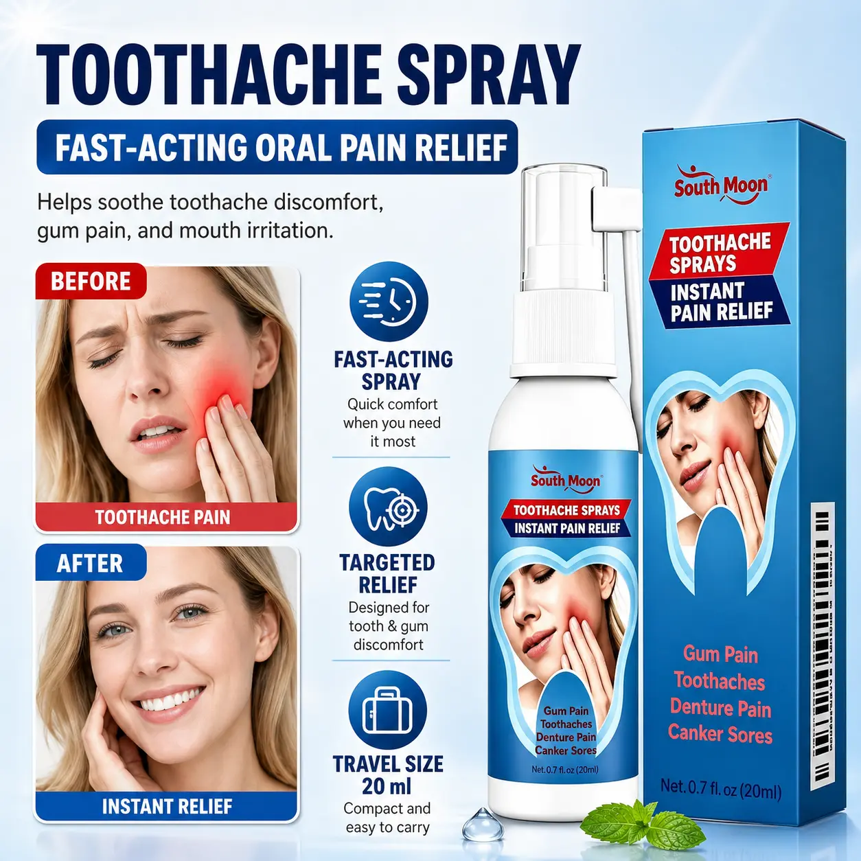 South Moon Oral Care Spray with Peppermint Extracts for Teeth Whitening & Gums Repair Gentle Pain Relief Oral Spray Heal Oral Wounds Cleansing