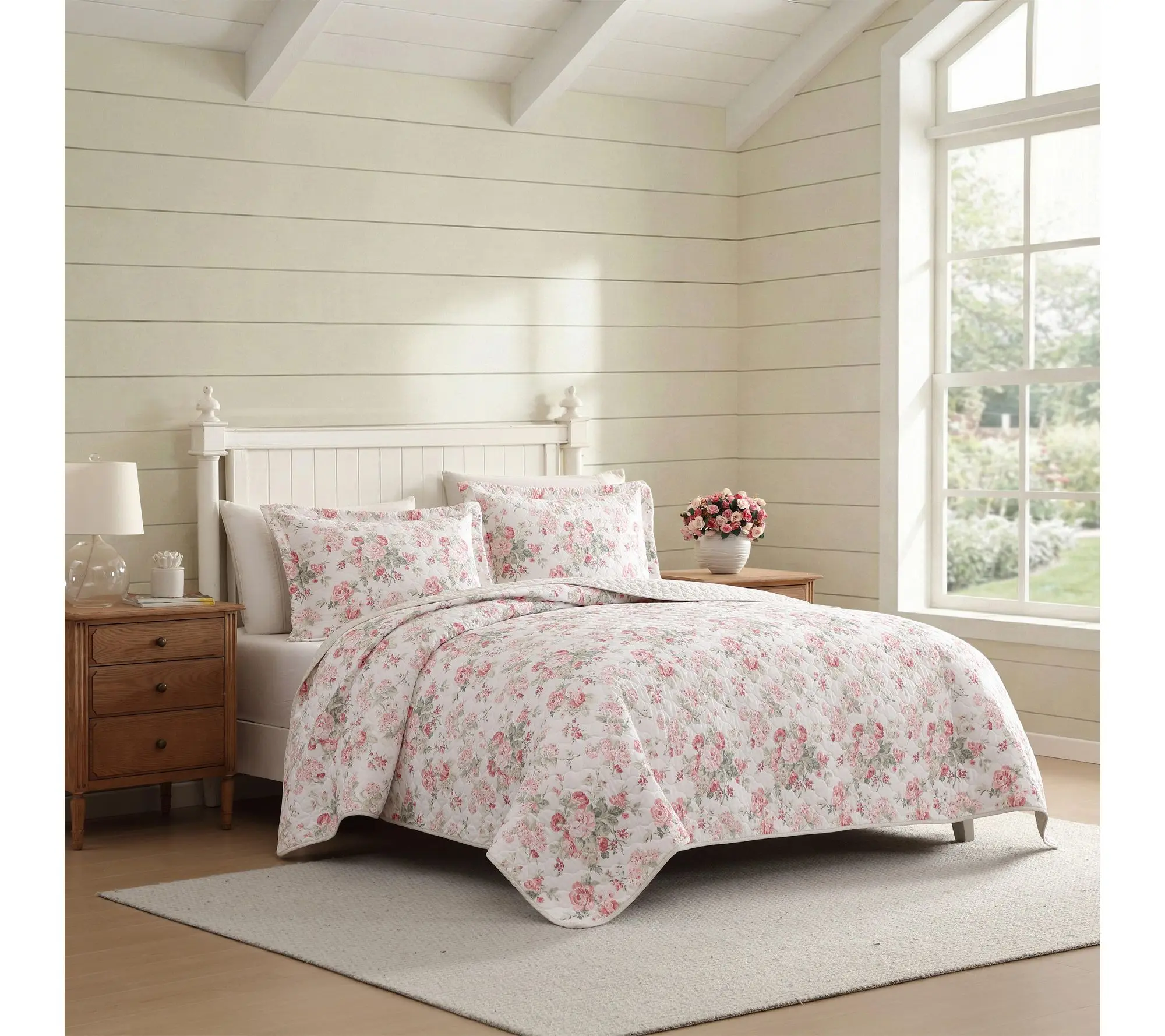 Laura Ashley Rosemoore Pink/Green Cotton Twin Quilt Set